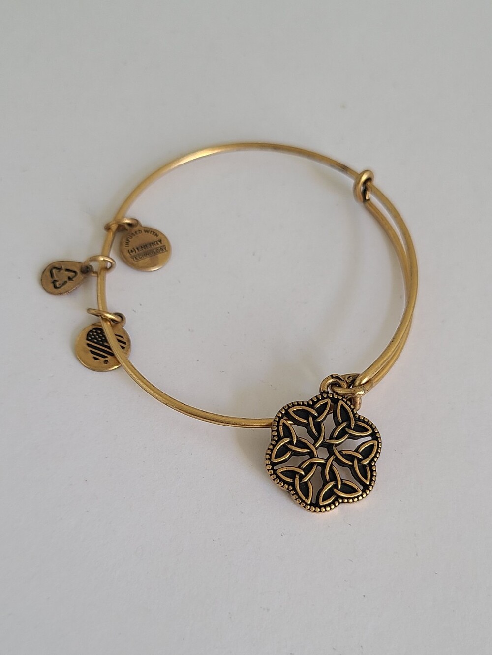 Alex and Ani Endless Knot III Rafaelian Gold Tone Charm Wire Bangle Bracelet